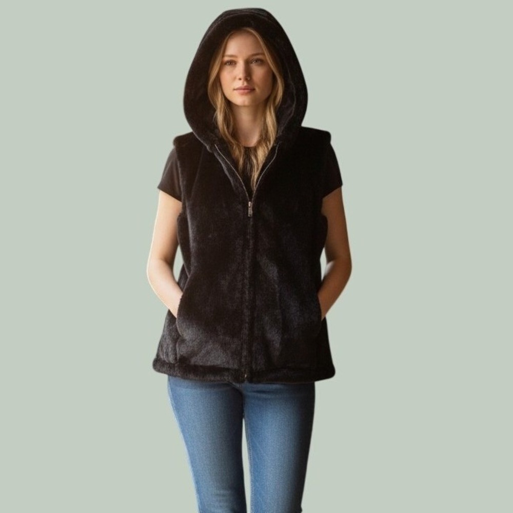 Splendid Lucia Faux Fur Hooded Vest Women S Black Zip Up RF5J130 Soft Plush Cozy